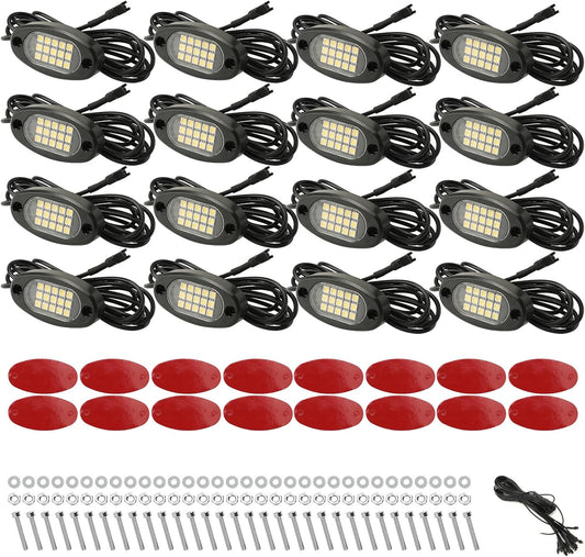 6 Pods White Rock Lights, 4M Extension Wires Each Light, 15 SMD Chips, High Adhesive Stickers, 6000K Pure White, IP67 Waterproof, Rock Lights for Trucks Trailer Cars SUV ATV UTV Boats